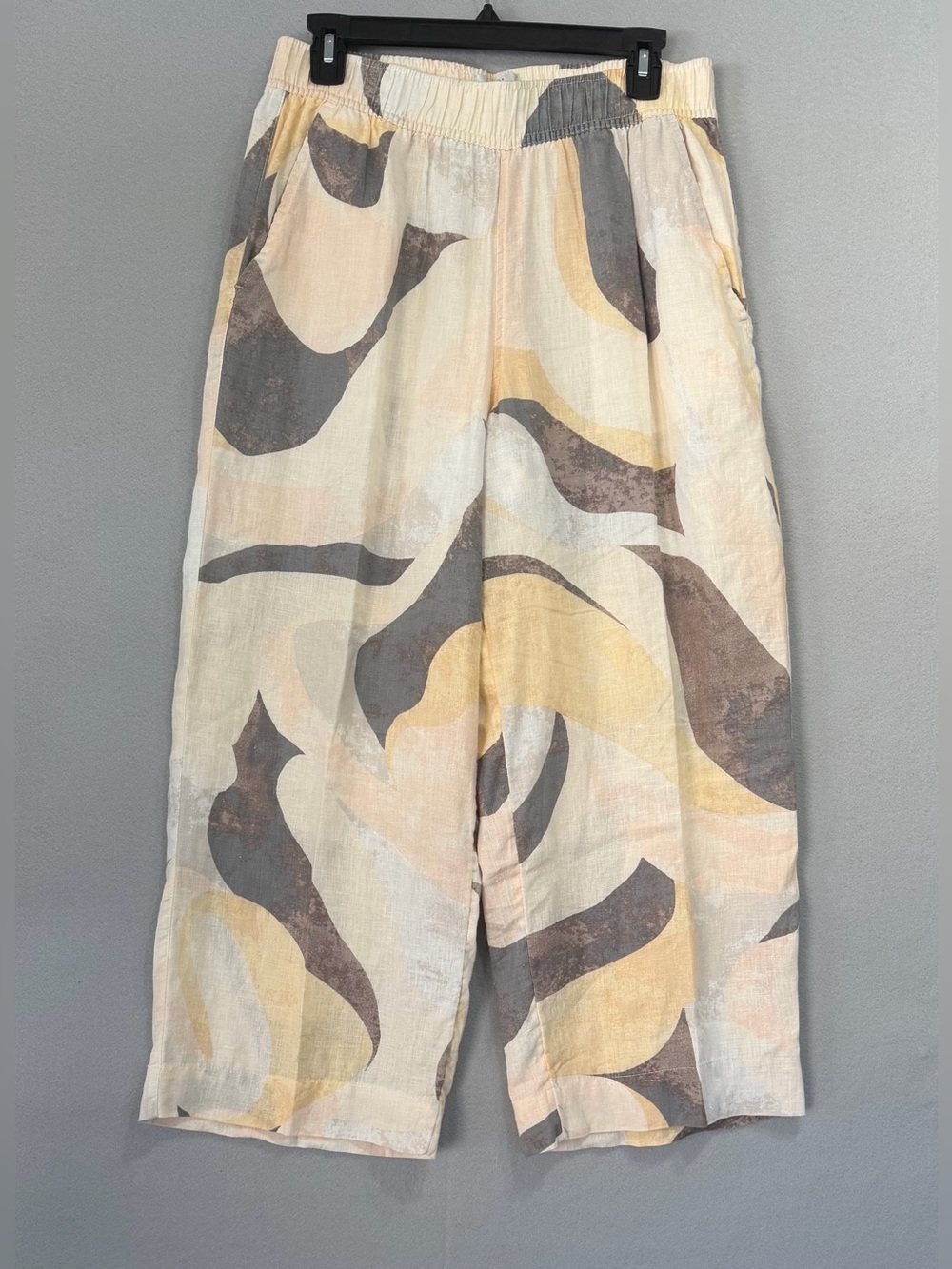 Rachel Zoe Wide Leg Pants Medium Women’s Beige/Gray Graphic Pockets 100% Linen